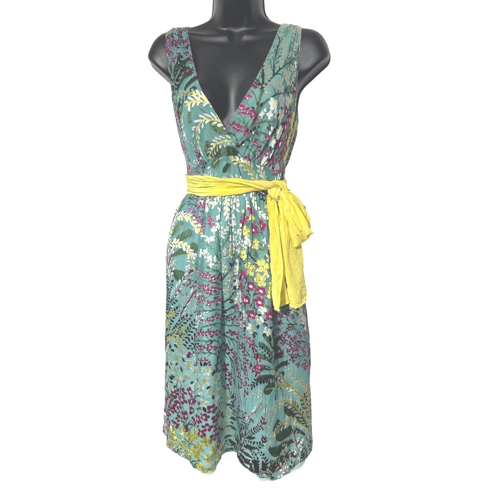 Jaloux Silk Blend Floral‎ Midi Dress Teal Green Yellow Sash V-Neck Size S